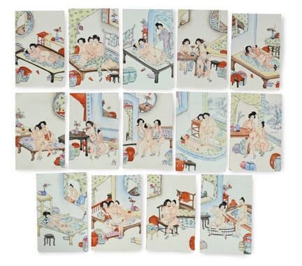 一套十四块中国春宫瓷板，民国时期（约1910-1929年），彩绘于鲜艳的釉彩之上，每块尺寸大约为高2