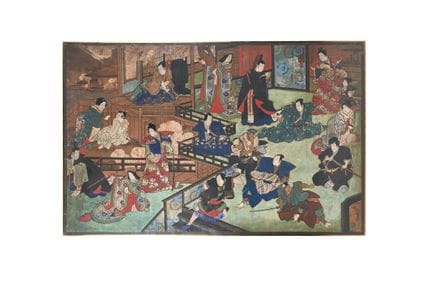 一幅大型日本装饰画，19世纪作品，描绘了包括歌舞伎剧、《源氏物语》中的人物及其他历史人物在内的各种场