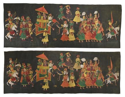 两幅大型印度布面画（皮查瓦伊），可能出自拉贾斯坦邦，20世纪晚期，描绘了一位统治者坐在象鞍上骑着大象