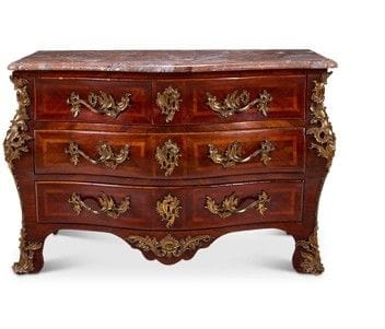 COMMODE BOMBÉE EN PADOUK ET BOIS SATINÉ AVEC MONTU