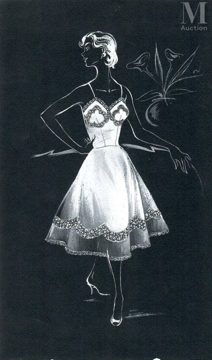 Mujer con bata. Dibujo de lencería de los años 50
