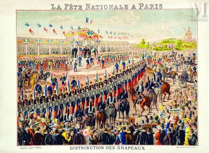 La Fiesta Nacional en París. Reparto de banderas
A