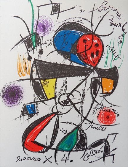 胡安·米罗
胡安·米罗
献给费尔南·穆洛，1978年

原版彩色石版画
版面上签名
印于阿什斯羊皮纸