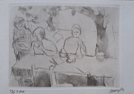让·马尔泽尔（1916-2005）
《树下下午茶》，1964年 
贺卡

羊皮纸石版画
由艺术家用铅