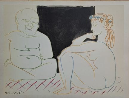 巴勃罗·毕加索（1881-1973）
《沉睡的少女与智者》，1954年

彩色石版画，绘于厚纸上
版