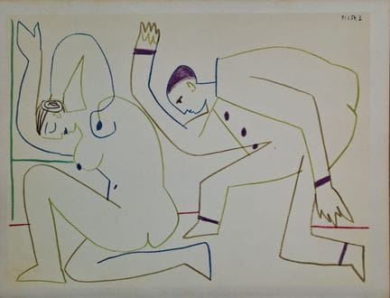 巴勃罗·毕加索（1881-1973）
《致意的男女》，1954年

彩色石版画，绘于厚纸上
版面上标