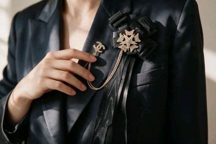 CHANEL. Brosche aus Grosgrain-Stoff, Netzstoff und