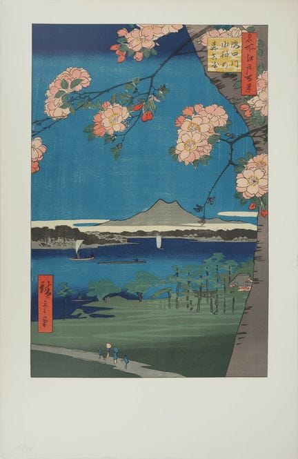 歌川广重（1797-1858，据其作品）
日本，隅田河畔的水神神社与真崎

根据木刻版画制作的石版画