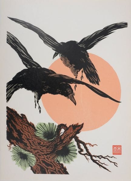 漆原木忠（1888-1953）（据原画）
《日落时飞翔的乌鸦》，约1930年

根据水墨画创作的木版