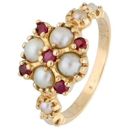 Anello in oro giallo 14 carati con perle e rubini
