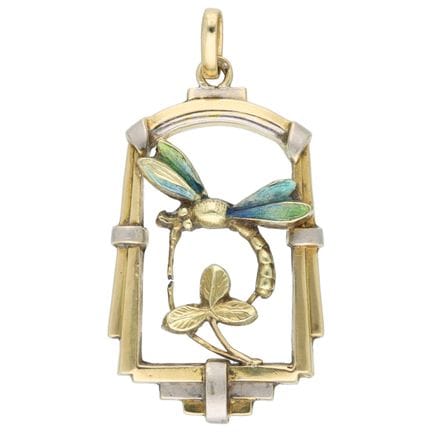 Pendentif Art nouveau en or bicolore 14 carats éma
