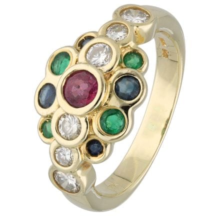 Anello in oro giallo 14 carati con rubino, zaffiri