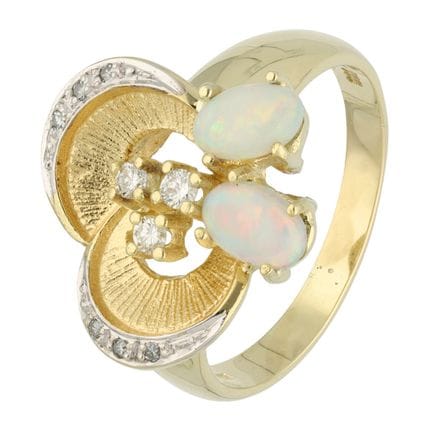 Anello in oro giallo 14 carati con opali e diamant