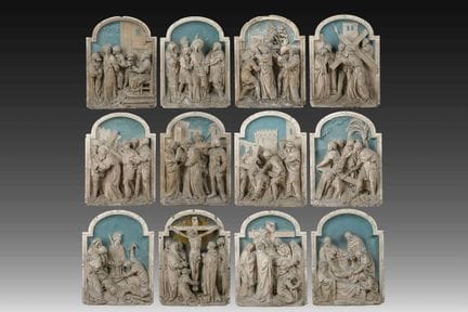An impressive carved, patinated and blue decorated