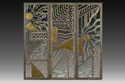 雷内·保罗·尚贝兰（1893–1955，仿其风格）：一件三扇式装饰艺术风格的多色装饰木质与黄铜隔断，