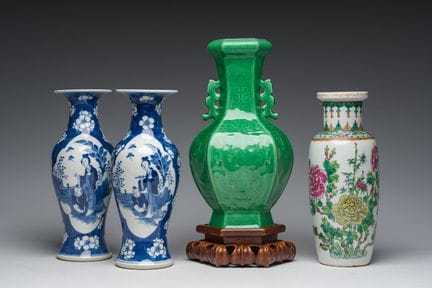 Four Chinese blue, white, famille rose and monochr