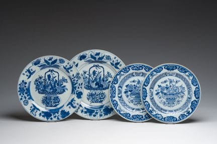 四件中国青花“花篮”盘，康熙/乾隆时期


直径：28.5–23.5 厘米（最大与最小盘）

来源：