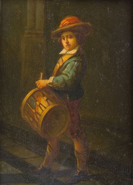 Belgische Schule: Der kleine Troubadour, Öl auf Ho