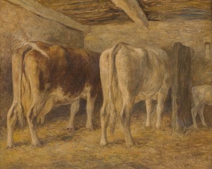 Armand Heins (1856–1938): Kühe in einem Stall, Öl 