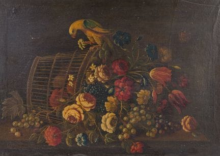 Europäische Schule: Blumenstillleben mit Papagei, 