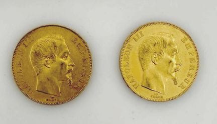 Deux pièces en or de 50 Francs Napoléon tête nue 1