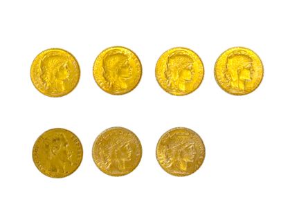 Sept pièces de 20 F en or
Napoléon III tête nue : 