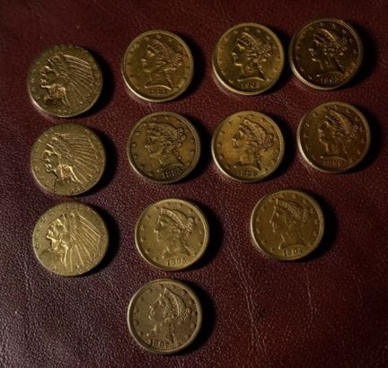 5 US dollars en or jaune (x12) dont :
- x3 "Tête d