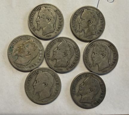 7 Napoléon III de 2F argent
- 2 datées de 1866, 3 