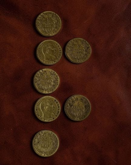 5F or jaune, Napoléon III "tête nue" dont 1857 (x1