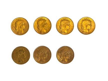 Sette monete da 20 F in oro
Napoleone III a testa 