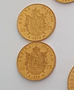 Deux pièces en or de 50 Francs Napoléon tête nue 1