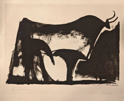 巴勃罗·毕加索，据
《黑公牛》
版画
署名“毕加索”，并标注“艺术家试印版”
34.7 × 49.5