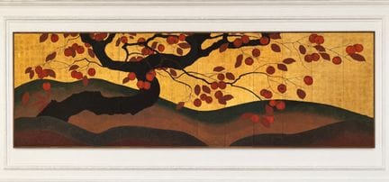 A large three-panel work depicting a wide Japanese