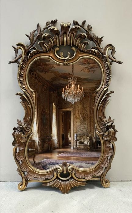 Miroir biseauté en bois et stuc doré à décor de fe