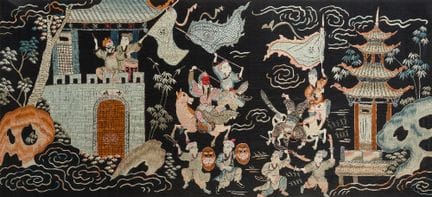 Panneau textile chinois en soie brodé représentant