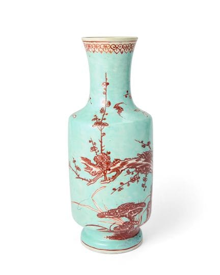 Vaso cilindrico cinese con fondo turchese, decorat