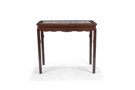Table à encens en bois dur incrustée de marbre gri