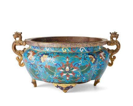 Brûleur d'encens lobé en émail cloisonné et champl