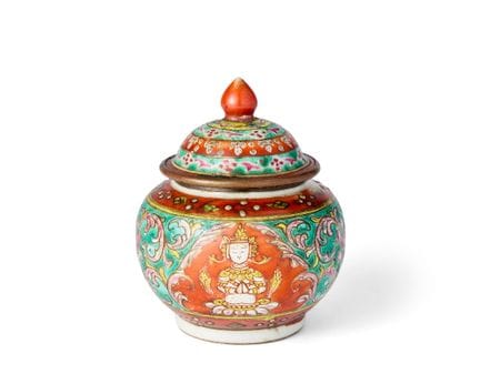 Vaso cinese “Bencharong” con coperchio, destinato 