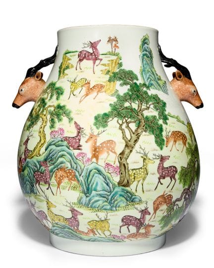 Grande vaso cinese famille rose "cento cervi" in f