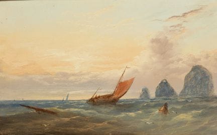 威廉·亨利·威廉森，
英国，1820-1883-

日落时分，海岸边的一艘帆船；

木板油画，左下角