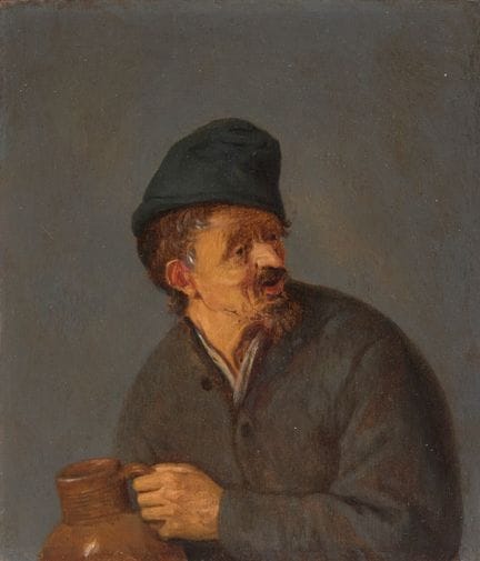 阿德里安·扬斯·范·奥斯塔德，
荷兰，1610-1685-

一名戴着帽子、手持水壶的农民；

木板