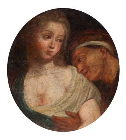 英国画派，
18世纪末/19世纪初——

一位被情人拥抱的女子；

油画，画布裱于木板上，椭圆形，四
