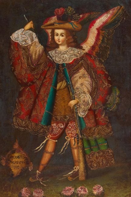 库斯科画派，
18世纪—

《手持火绳枪的天使》；

布面油画，画板裱贴，题写并标注日期“ARCAN