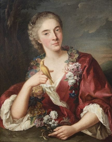 让-马克·纳蒂耶画派，
法国 1685-1766-

一位女士的半身坐姿肖像，背景为风景，肩上环绕着