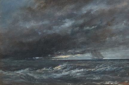 英国画派，
19世纪—

《暴风雨》：一幅夜间海景画，地平线上有一艘船；

纸本油画，13 × 19