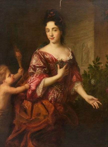 弗朗索瓦·德·特洛伊，
法国，1645-1730-

一位化身为维纳斯的女士肖像，丘比特正向她献上火