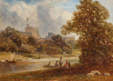 英国画派，
19世纪—

温莎城堡景观，泰晤士河畔有人物坐着；

木板油画，15.1 × 20.2 