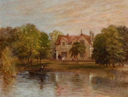 英国画派，
19世纪—

河畔小屋景致，画面中有人正在划平底船；

木板油画，19.8 × 25.4