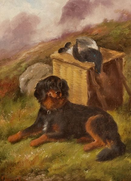 约翰·W·莫里斯，
英国，约1865—1924年—


一幅风景画，画中有一只西班牙猎犬和当天的猎获